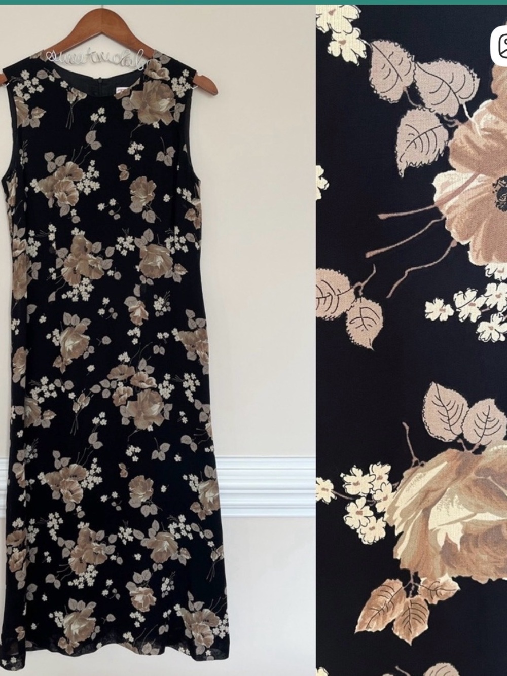 Talbots Black Maxi Dress with Beige Floral Print